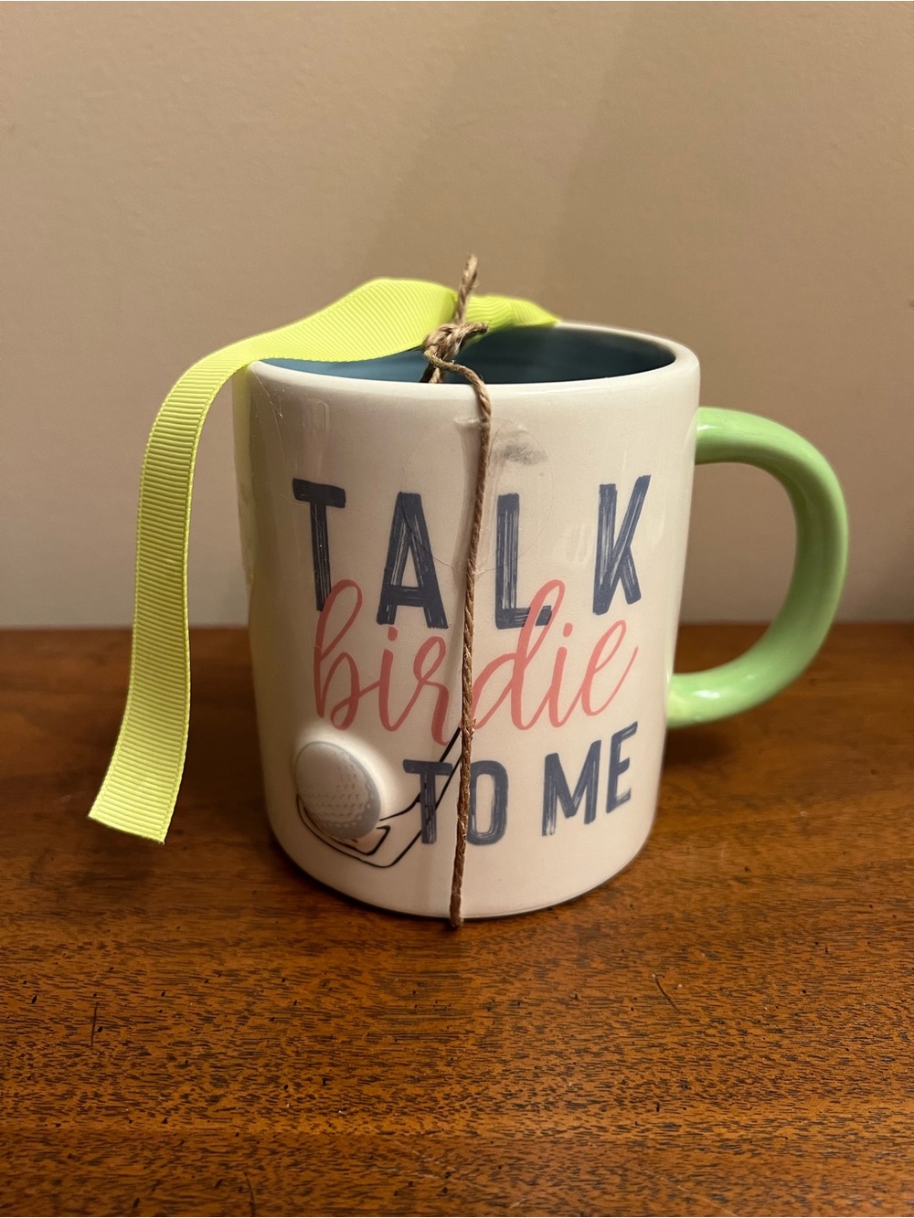 Mud Pie Ceramic Golf Mug - White with Green Handle and Blue Interior